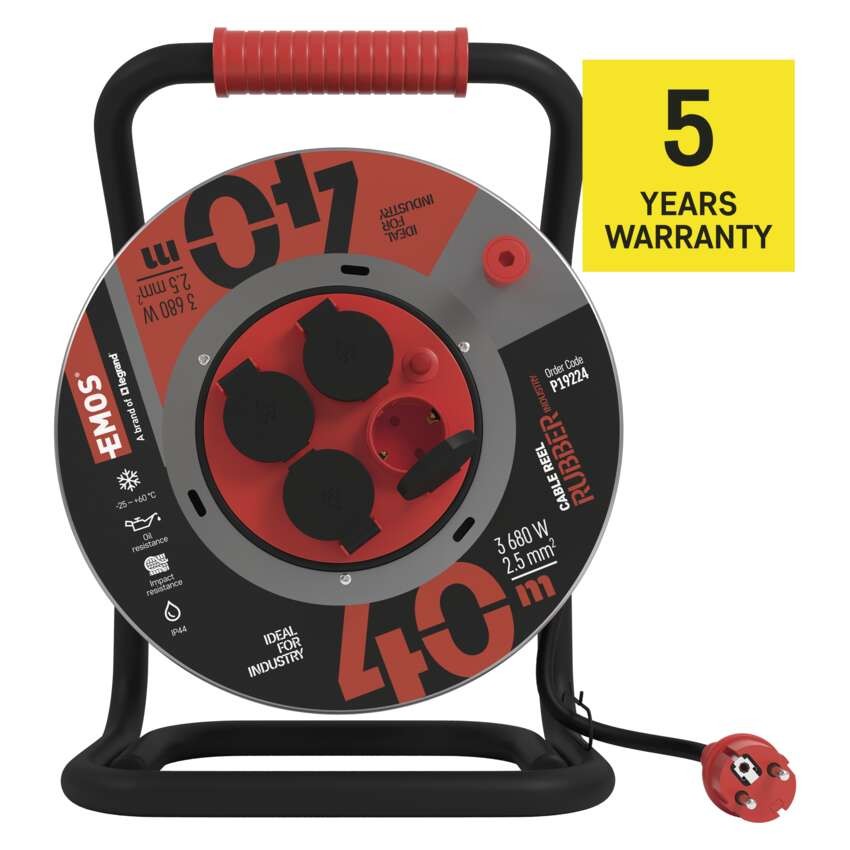 Gummi-Kabeltrommel – 4 Steckdosen, 40m, 2,5mm2  