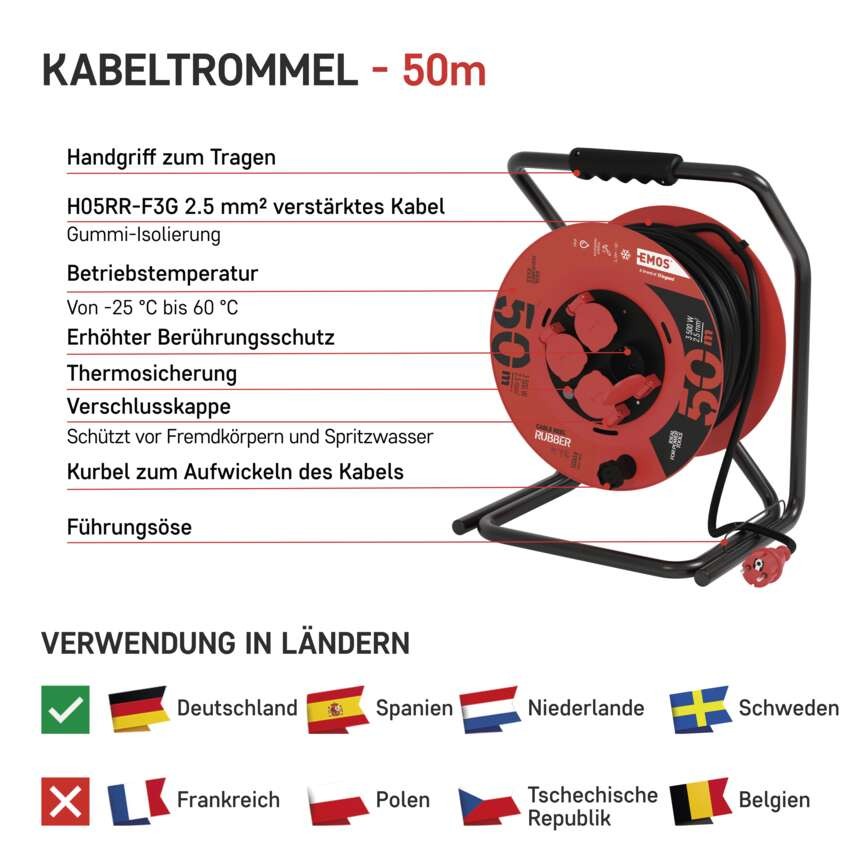 Gummi-Kabeltrommel – 4 Steckdosen, 50m, 2,5mm2 