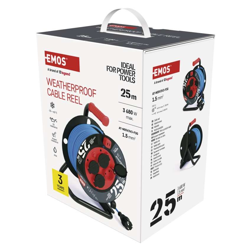 Wetterfeste Kabeltrommel 25 m / 4 Steckdosen / blau / PVC / 230 V / 1,5 mm2