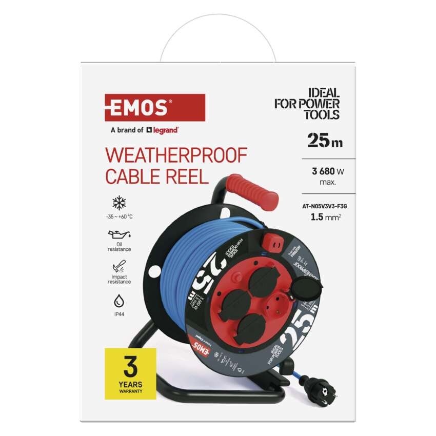 Wetterfeste Kabeltrommel 25 m / 4 Steckdosen / blau / PVC / 230 V / 1,5 mm2