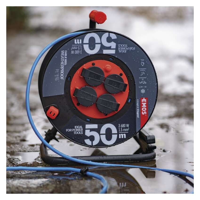 Wetterfeste Kabeltrommel 50 m / 4 Steckdosen / blau / PVC / 230 V / 1,5 mm2