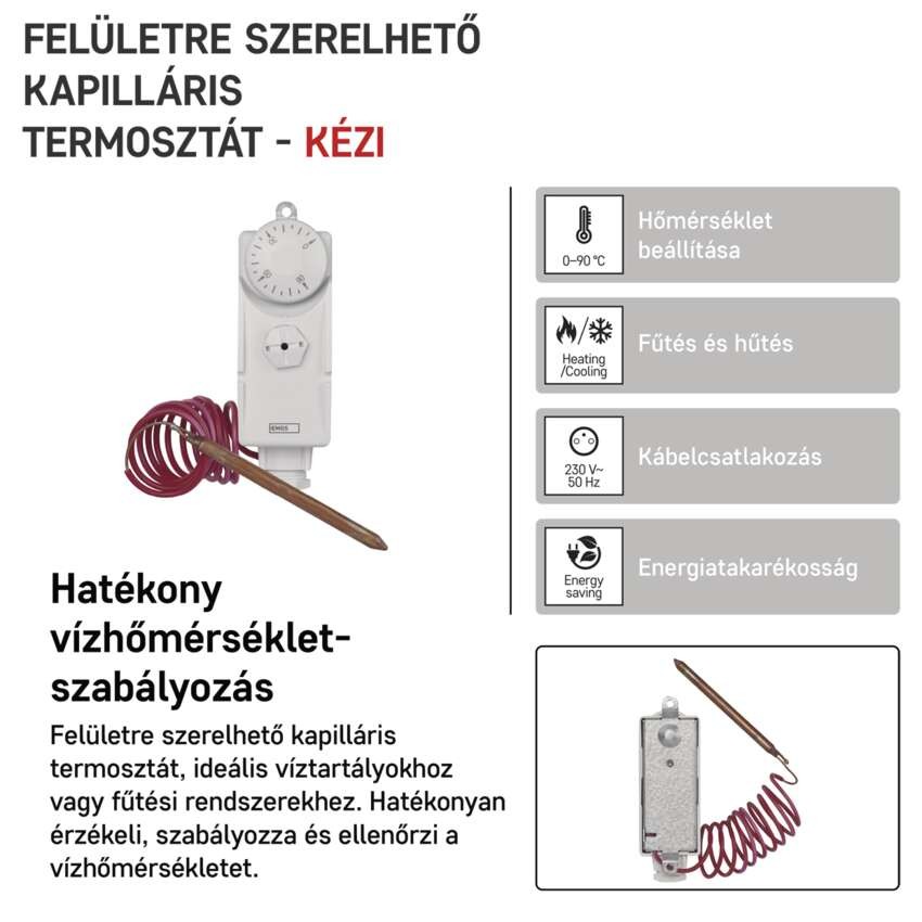 Manuális felületre szerelhető csőtermosztát kapilláris érzékelővel P5682