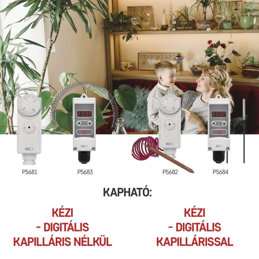 Manuális felületre szerelhető csőtermosztát kapilláris érzékelővel P5682
