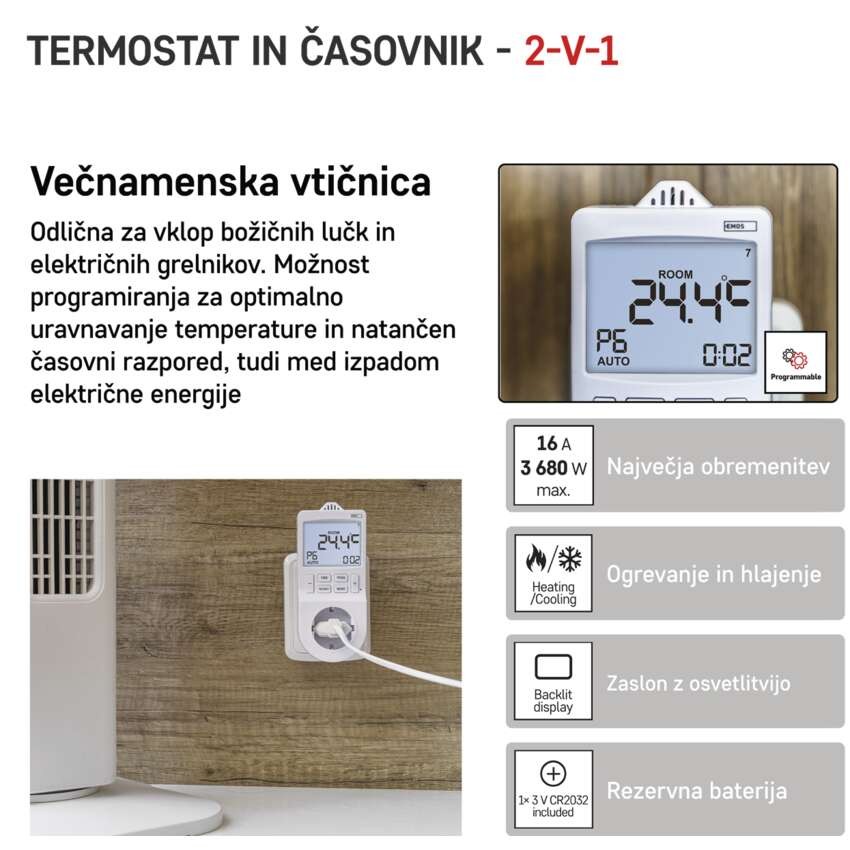 Termostat za vtičnico s funkcijo digitalnega časovnika 2v1, schuko