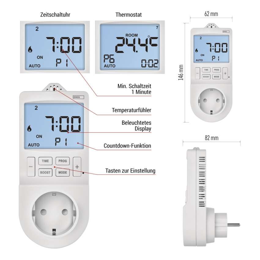 GoSmart 2in1 Steckdosenthermostat mit digitaler Zeitschaltuhr, schuko, WiFi