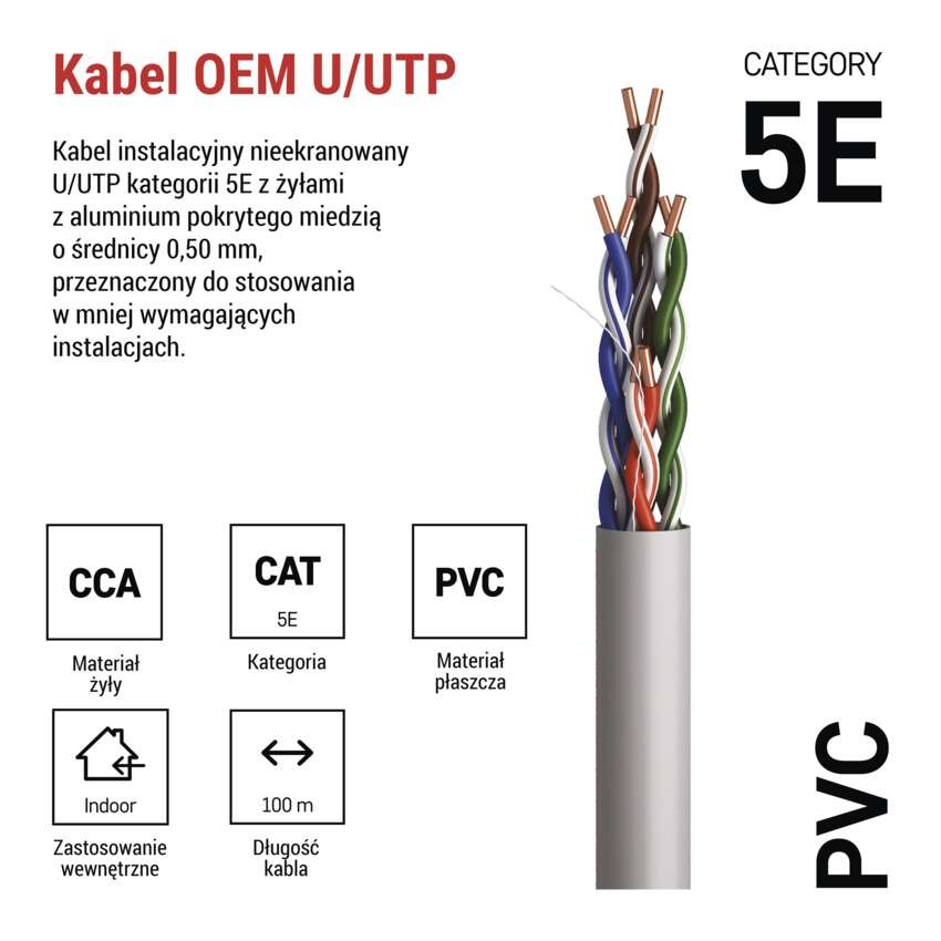 Kabel UTP Cat5e PVC CCA, 100m
