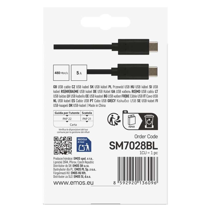 Įkrovimo ir duomenų perdavimo kabelis 2.0 USB-C / USB-C, 1 m, juodas