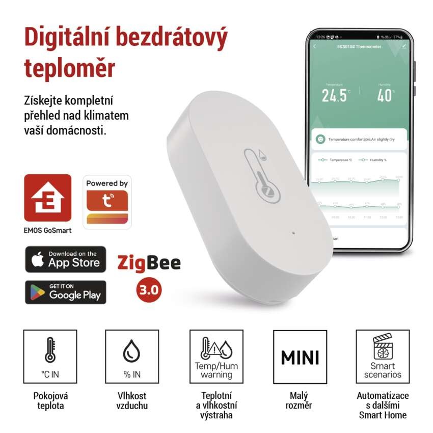 GoSmart Digitální teploměr s vlhkoměrem, bezdrátové čidlo, ZigBee EGS0102 