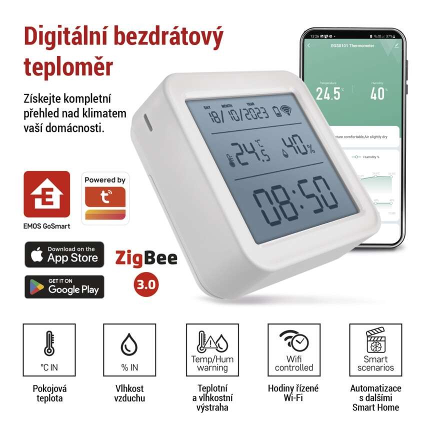GoSmart Digitální teploměr s vhlkoměrem, bezdrátové čidlo, datum, ZigBee EGS0101