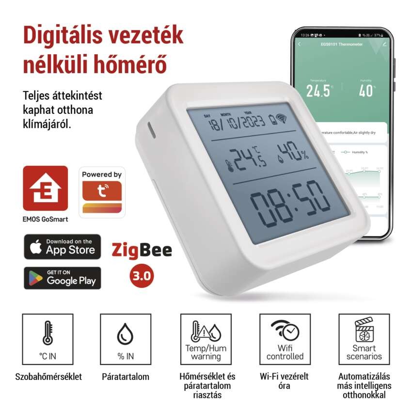 GoSmart digitális vezeték nélküli hőmérő, páratartalom-mérővel, dátum, ZigBee EGS0101