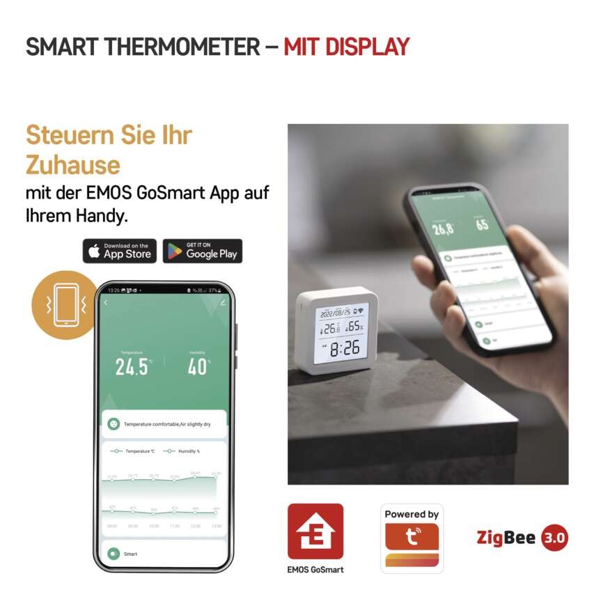 GoSmart Digitales Thermometer mit Hygrometer, Funk-Sensor, Datum, ZigBee EGS0101