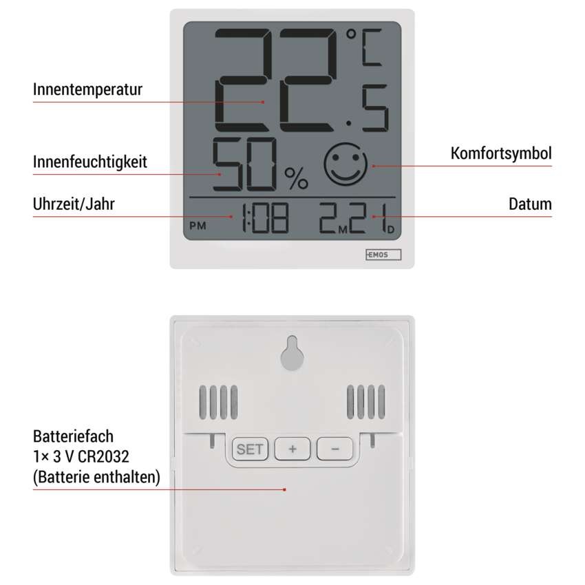 Digitales Thermometer mit Hygrometer, Datum E0522