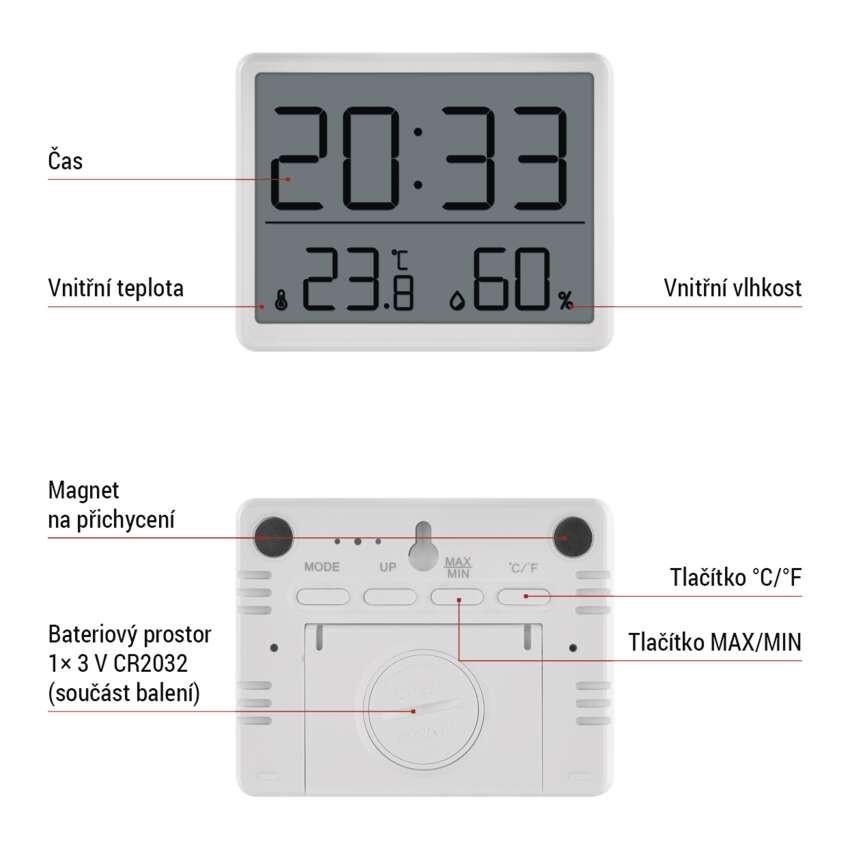 Digitální teploměr s vlhkoměrem, bezdrátové čidlo, budík, datum E6210