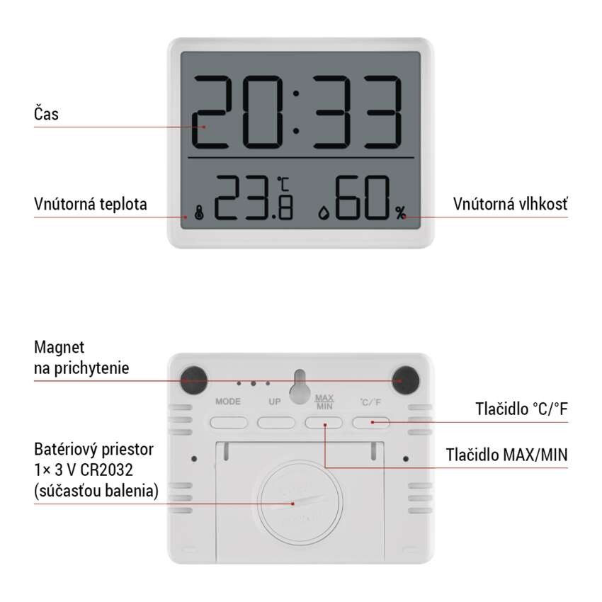 Digitálny teplomer s vlhkomerom, bezdrôtový snímač, budík, dátum E6210