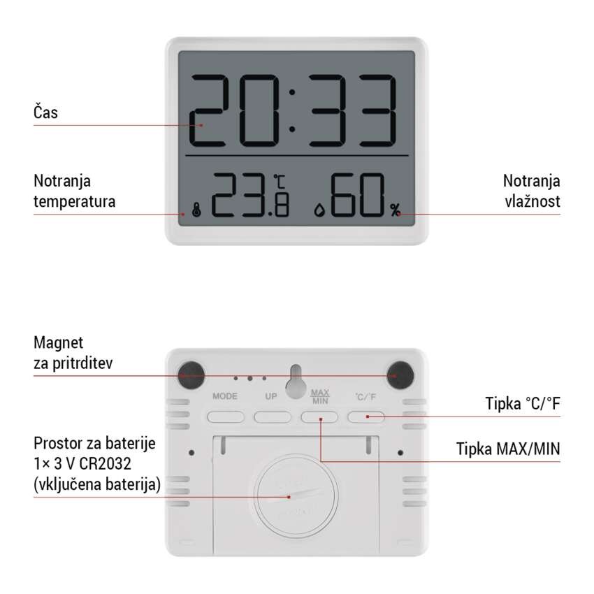 Digitalni termometer s hidrometrom, brezžični senzor, budilka, datum E6210
