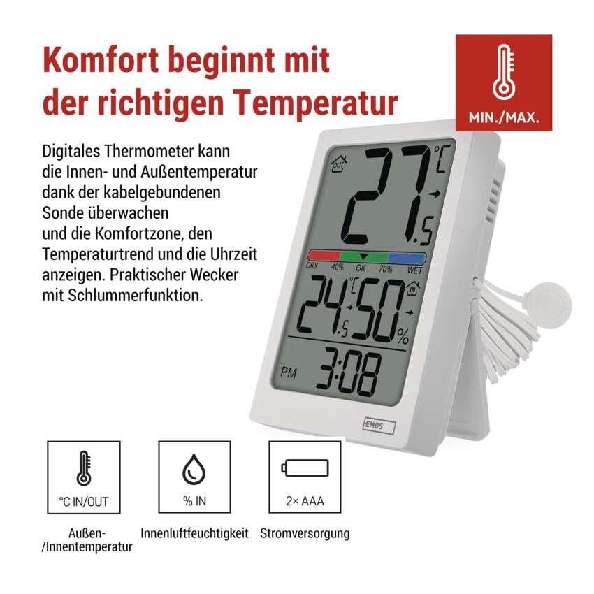 Digitales Thermometer mit Hygrometer, kabelgebundener Sensor, Wecker E0558P