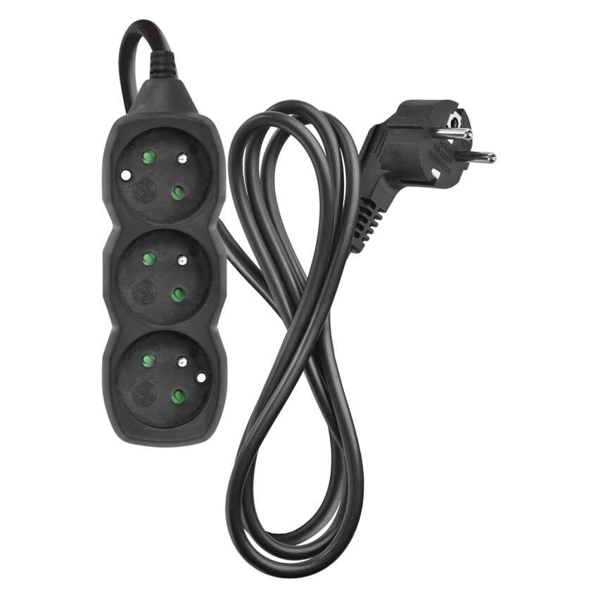Przedłużacz 1,5 m / 3 gniazda / czarny / PVC / 1 mm2