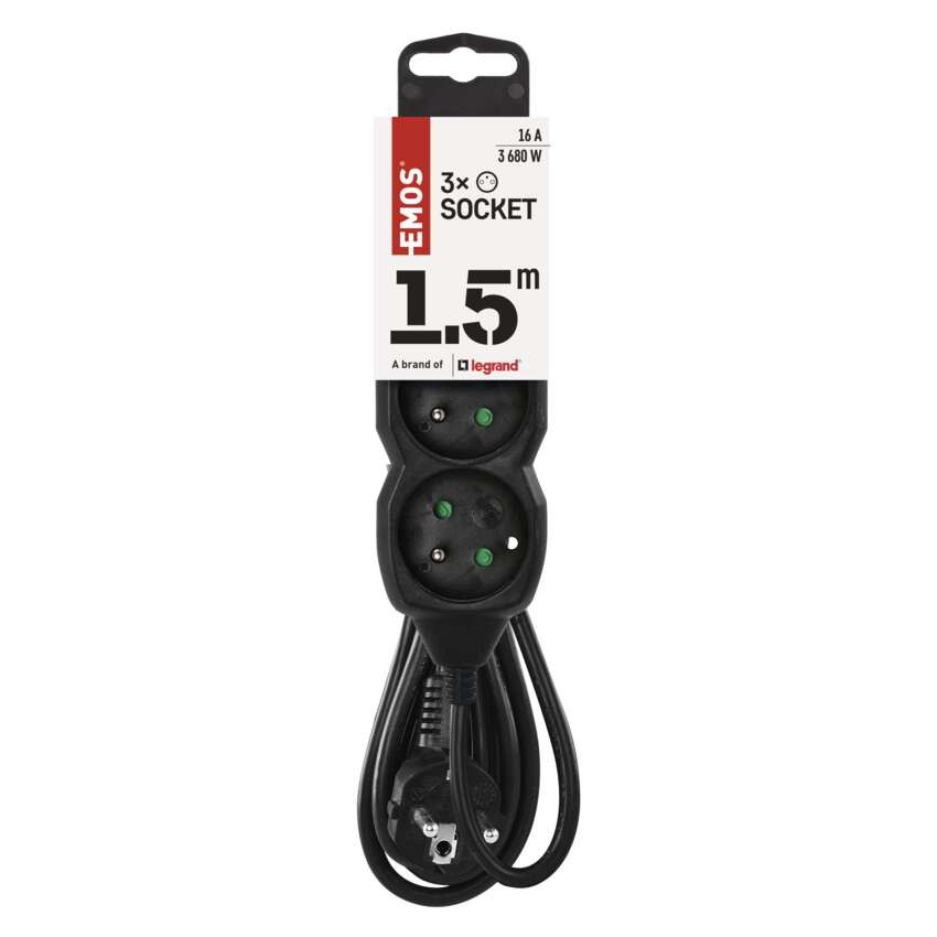 Przedłużacz 1,5 m / 3 gniazda / czarny / PVC / 1 mm2