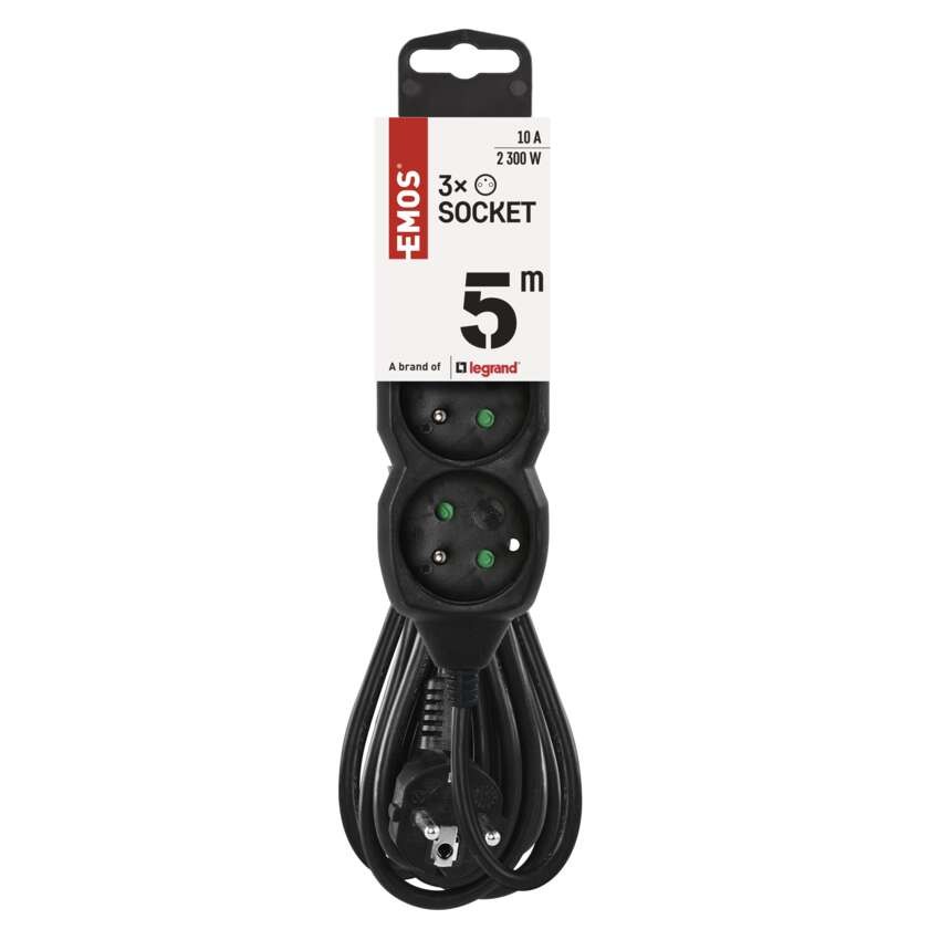 Prodlužovací kabel 5 m / 3 zásuvky / černý / PVC / 1 mm2