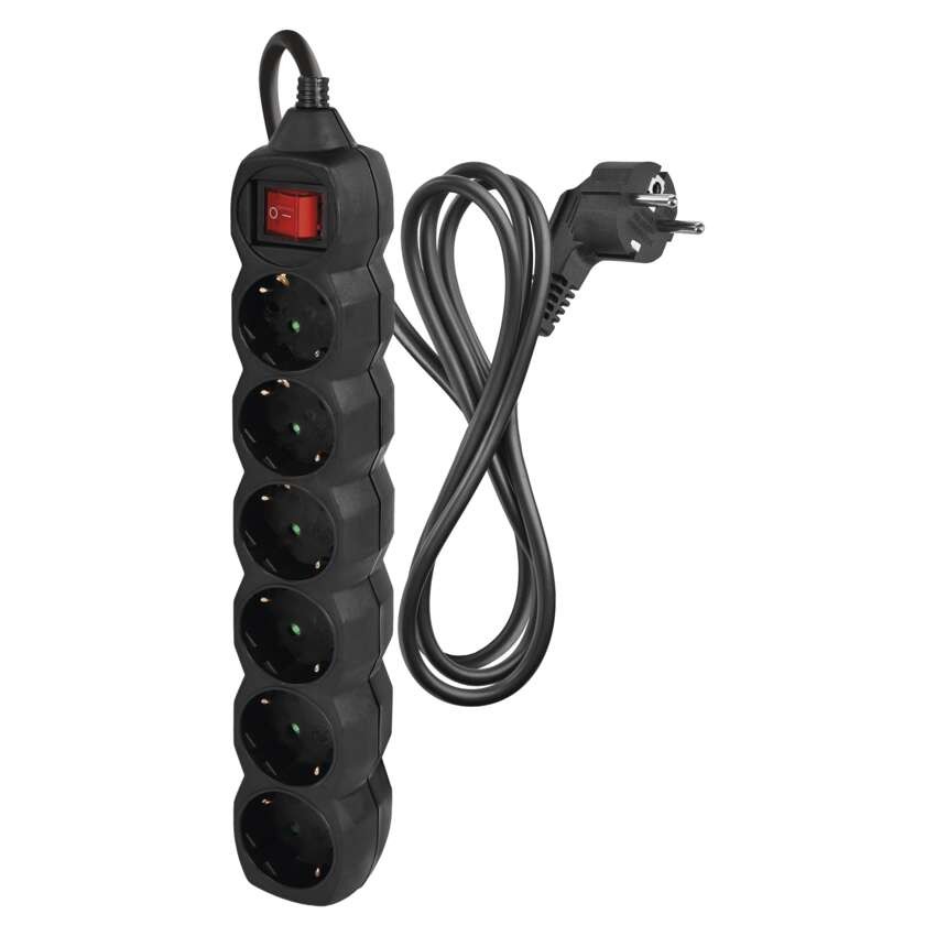 Ilgintuvas 1,5 m / 6 lizdai / su jungikliu / juodas / PVC / 1,5 mm2 