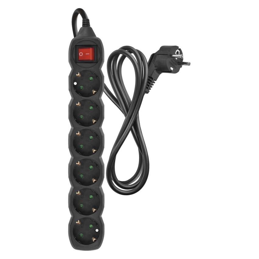 Ilgintuvas 1,5 m / 6 lizdai / su jungikliu / juodas / PVC / 1,5 mm2 