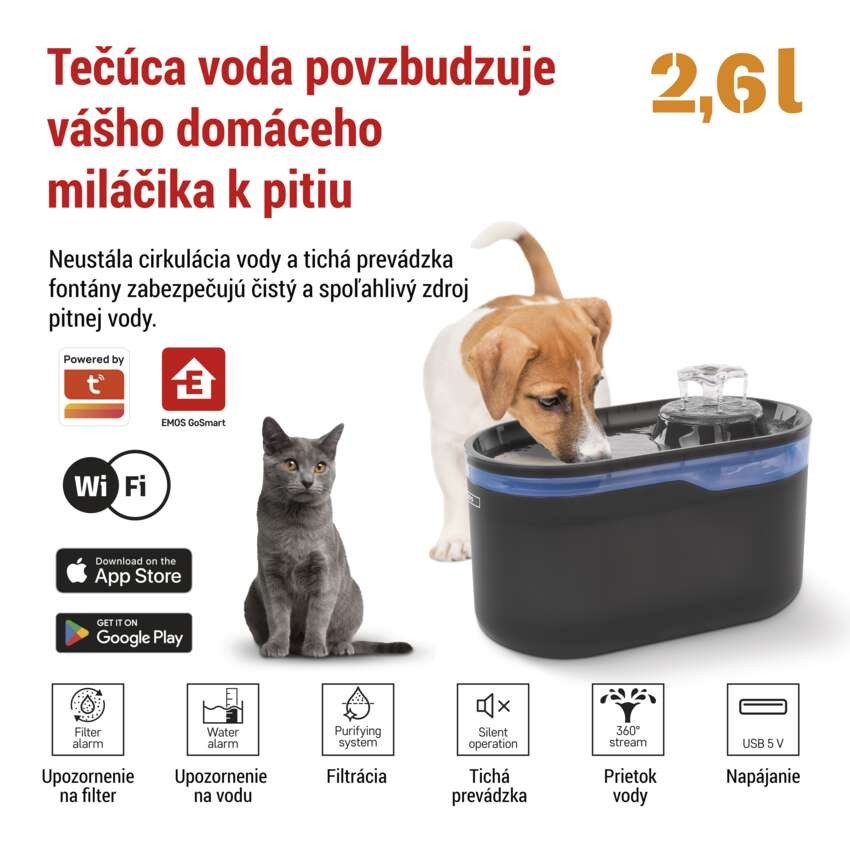 GoSmart vodná fontána Pet Care, 2,6 l, sivá, Wi-Fi