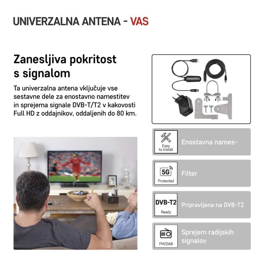 Antena univerzalna VILLAGE MOON–V900, DVB-T2, FM, DAB, filtr LTE/4G/5G