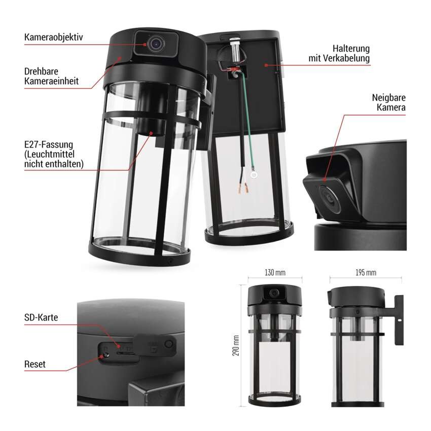 GoSmart Rotierende Outdoor IP Kamera mit WiFi und Licht IP-1300 LANTERN, schwarz