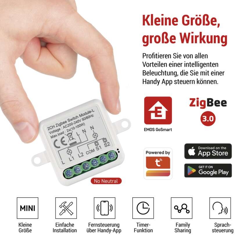 GoSmart Schaltermodul IP-2104SZ, ZigBee, 2-Kanal (kein N-Draht erforderlich)