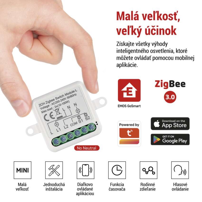 GoSmart prepínací modul IP-2104SZ, ZigBee, 2-kanálový (nevyžaduje N-vodič)