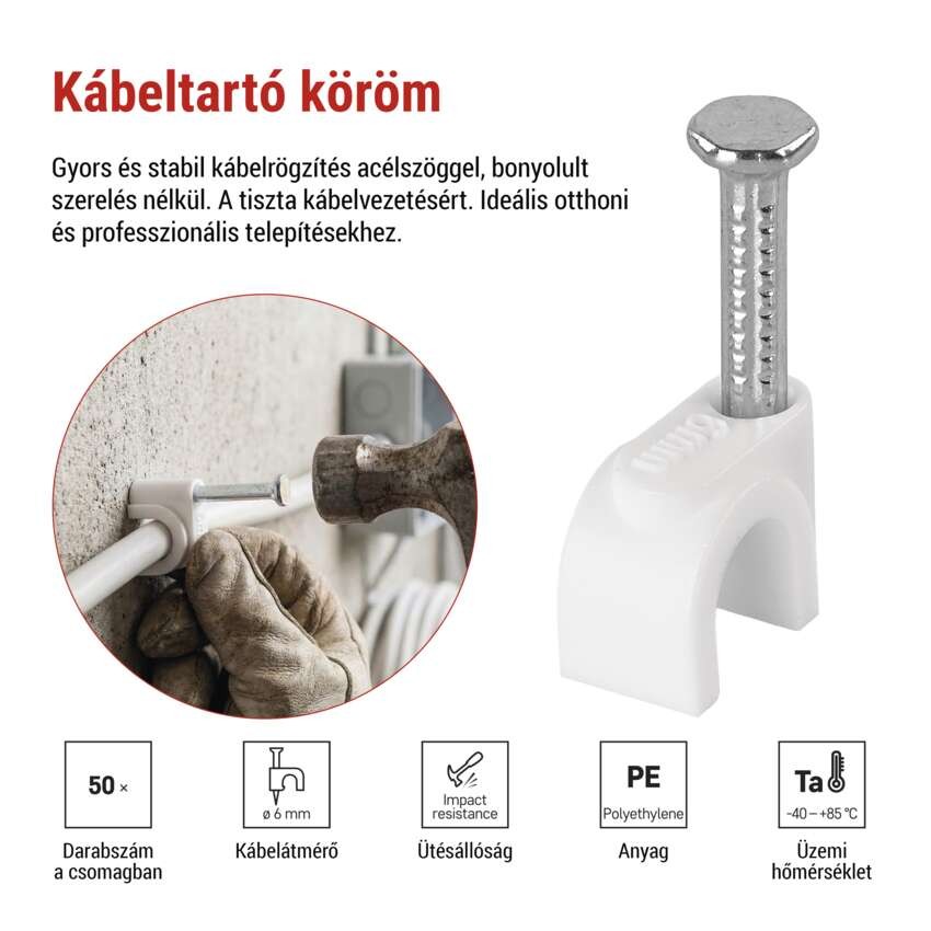 Kör alakú kábelbilincs 6 mm, fehér, 50 szt