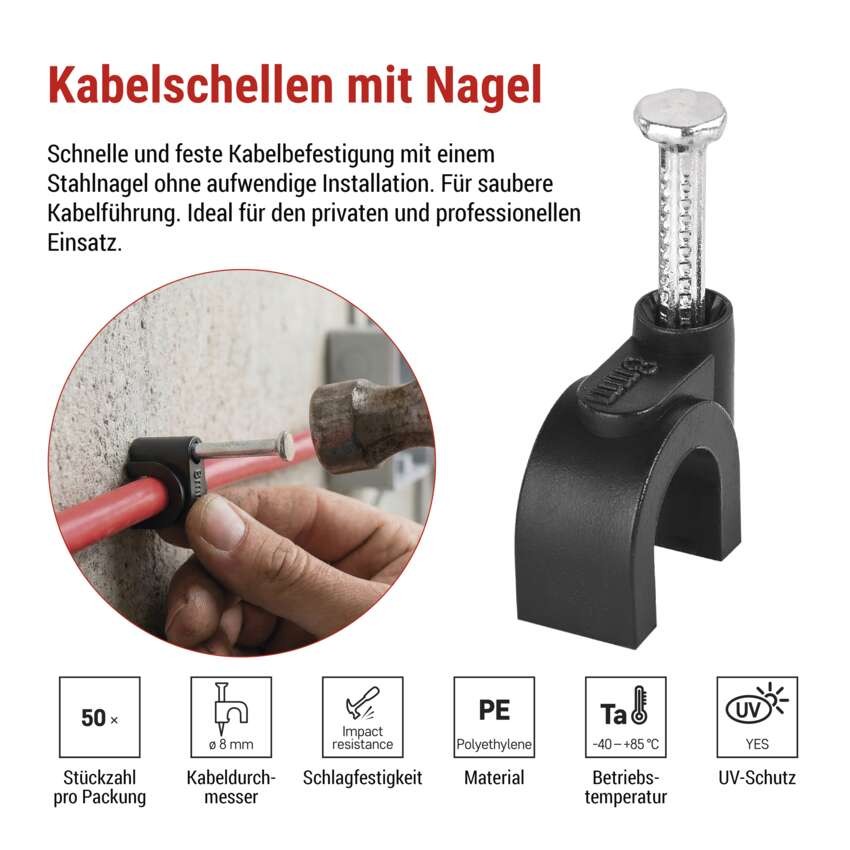 Kabelschelle 8 mm, schwarz, 50 Stk