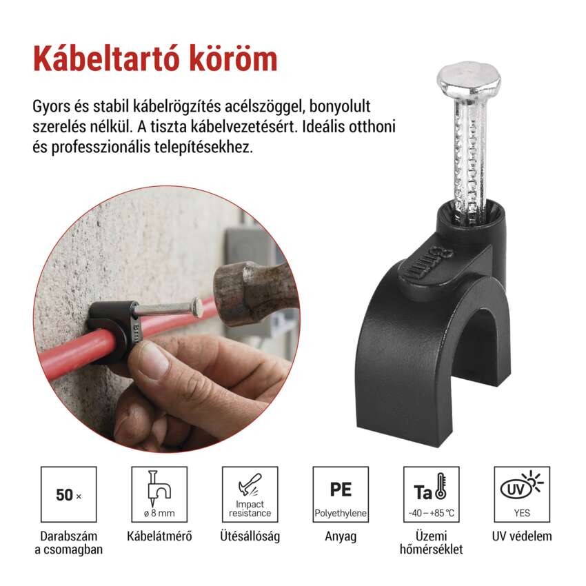 Kör alakú kábelbilincs 8 mm, fekete, 50 szt