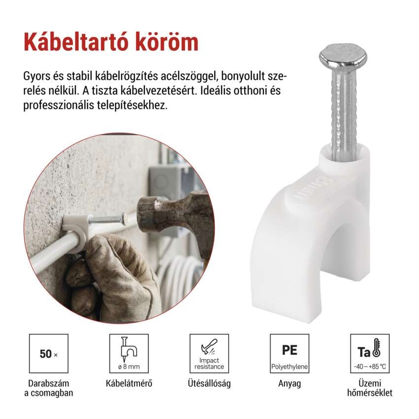 Kör alakú kábelbilincs 8 mm, fehér, 50 szt