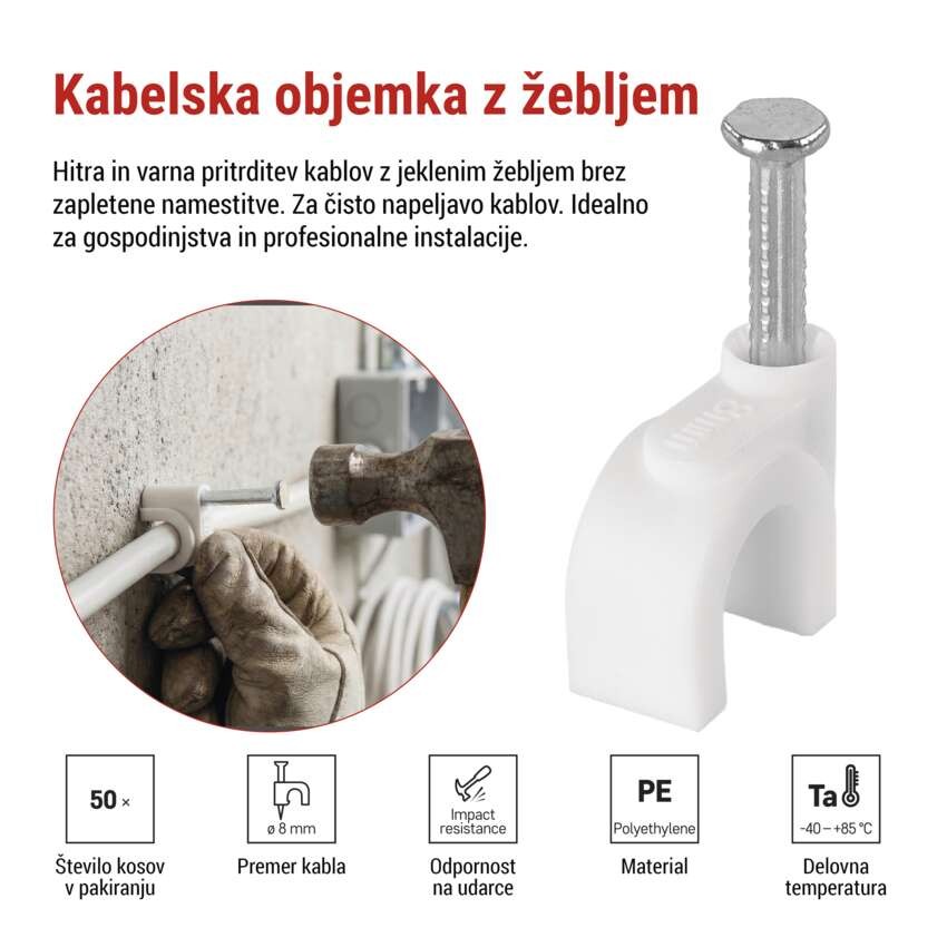 Kabelska objemka 8 mm, bela, 50 kos