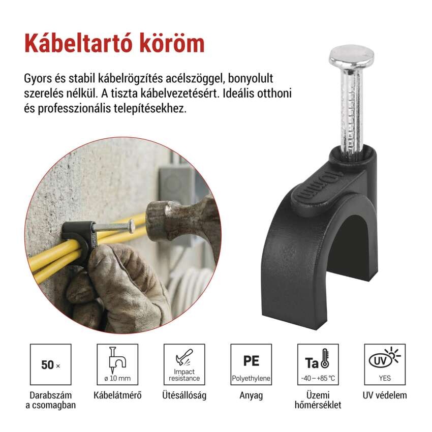Kör alakú kábelbilincs 10 mm, fekete, 50 szt