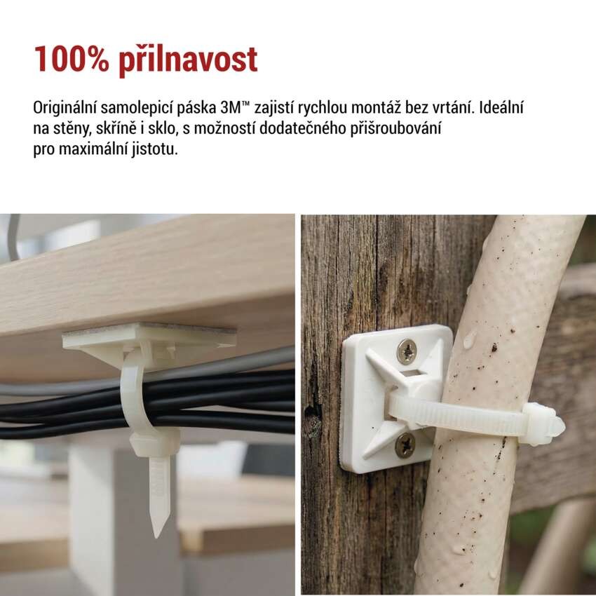 Samolepicí příchytka stahovacího pásku 30×30 mm, bílá, 25 ks