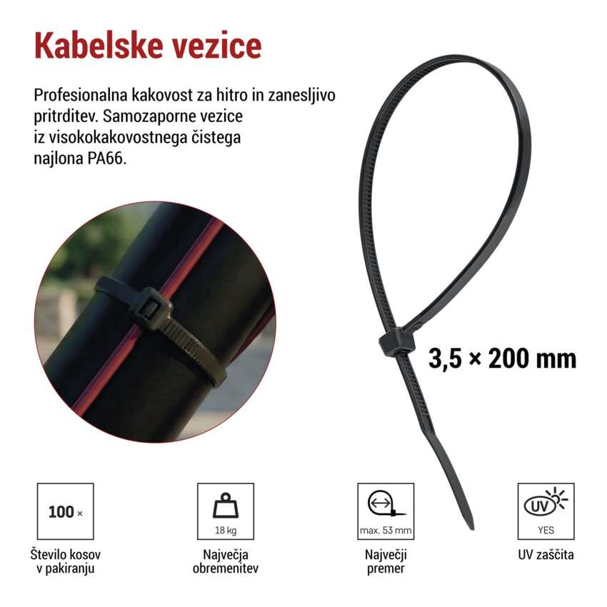 Vezica za kable 200×3,5, črna, 100 kos