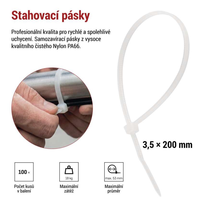 Stahovací páska 200×3,5 mm, bílá, 100 ks