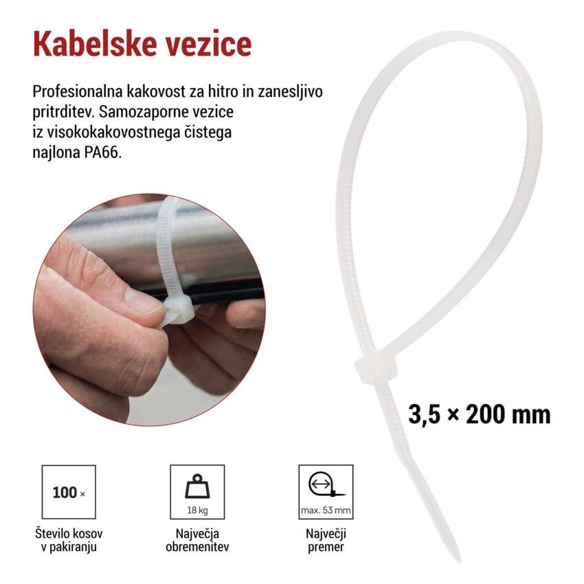 Vezica za kable 200×3,5, bela, 100 kos