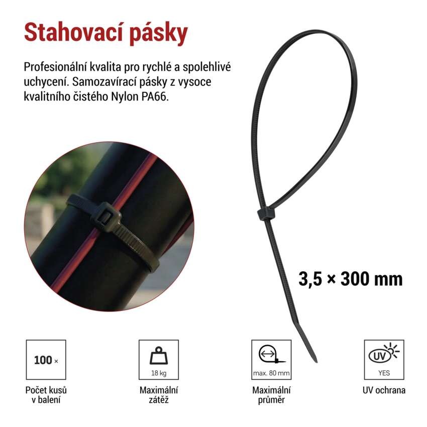 Stahovací páska 300×3,5 mm, černá, 100 ks
