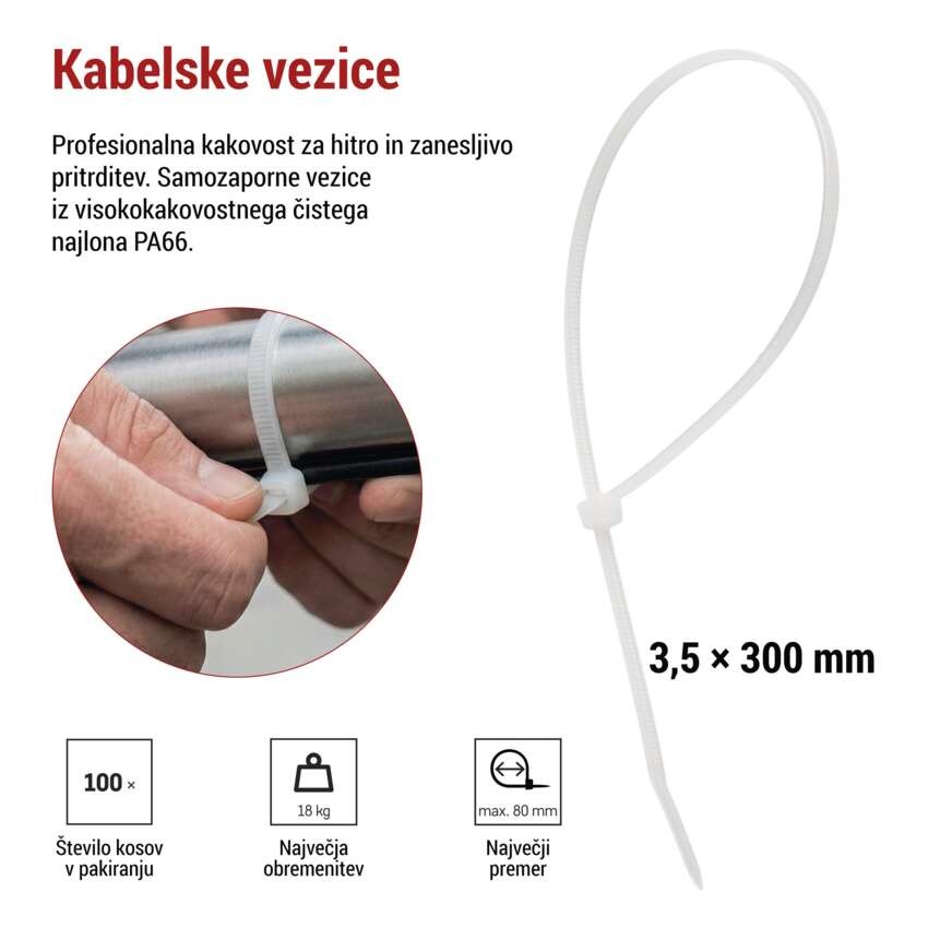 Vezica za kable 300×3,5, bela, 100 kos