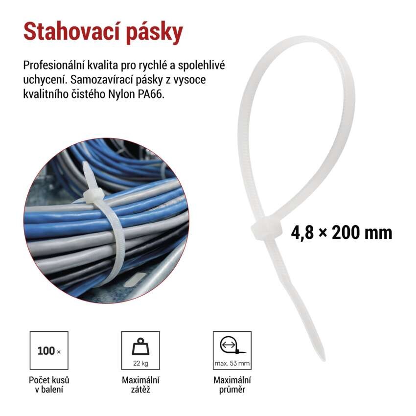 Stahovací páska 200×4,8 mm, bílá, 100 ks