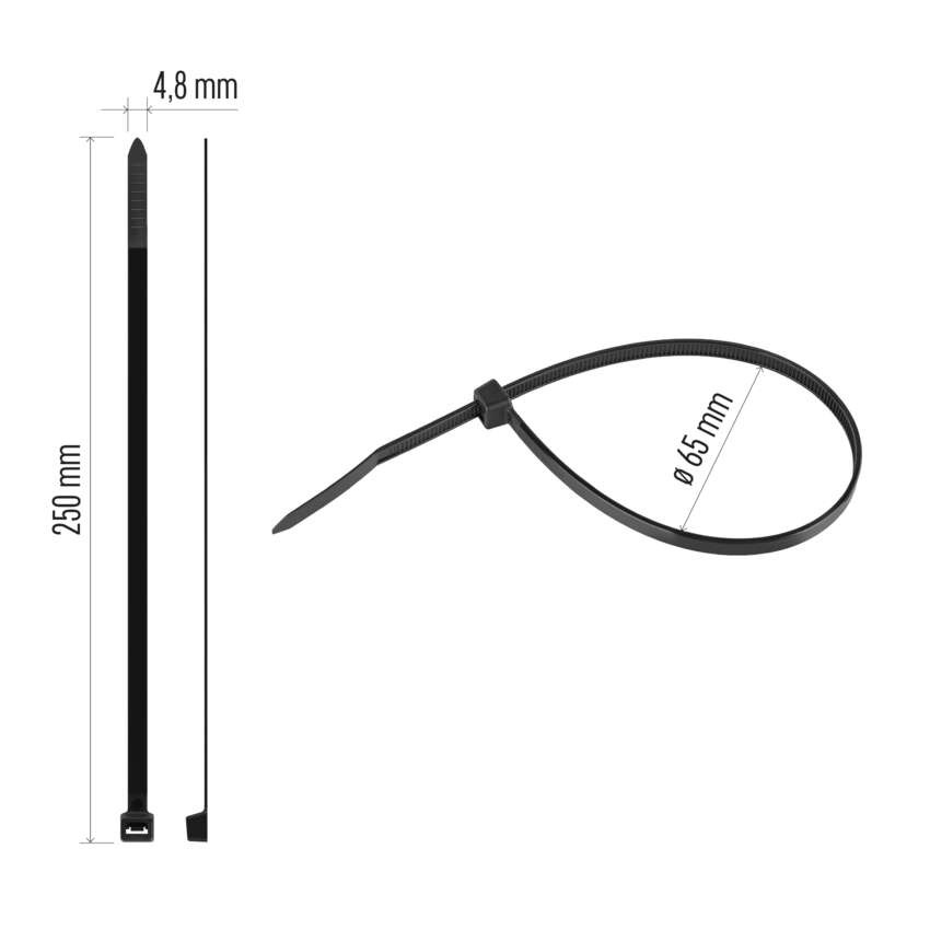 Stahovací páska 250×4,8 mm, černá, 100 ks