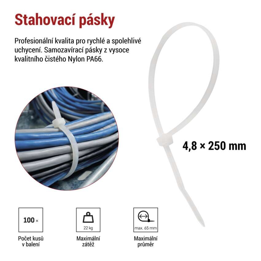 Stahovací páska 250×4,8 mm, bílá, 100 ks