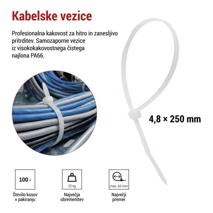 Vezica za kable 250×4,8, bela, 100 kos