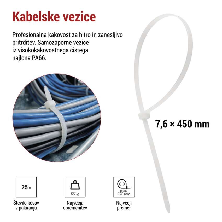 Vezica za kable 450×7,6, bela, 25 kos