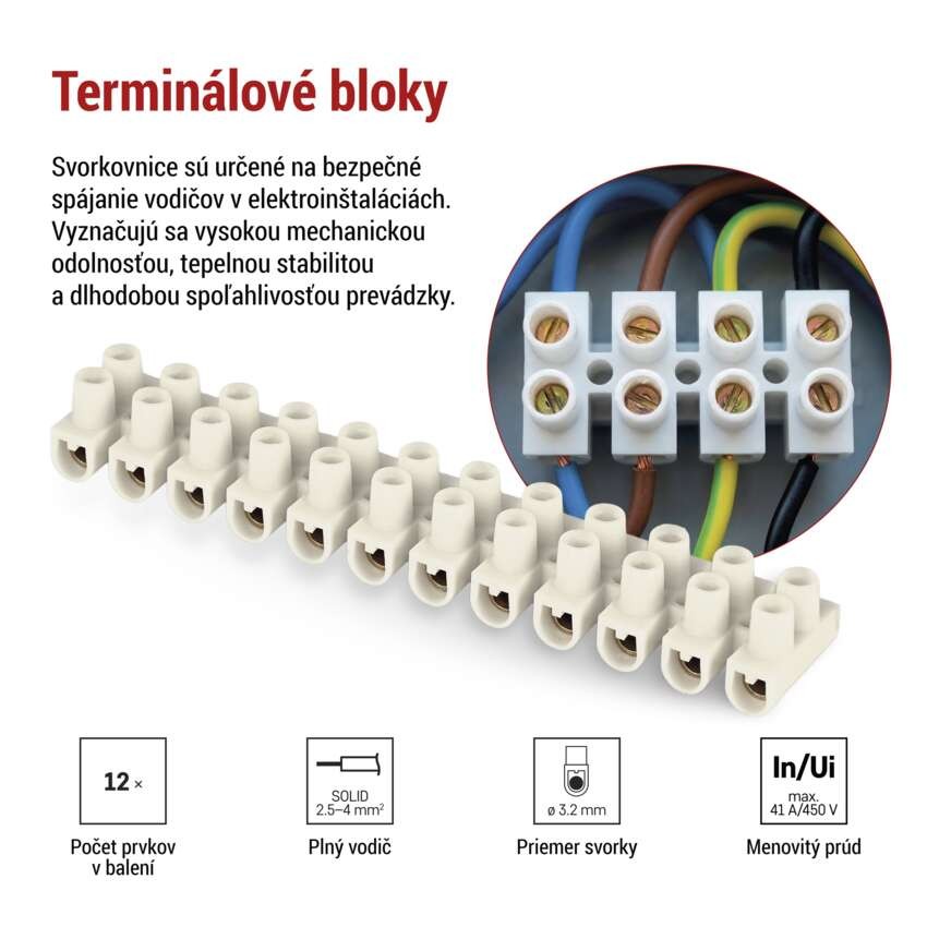 Skrutková svorkovnica 12× 2,5–4 mm2, 450 V, biela