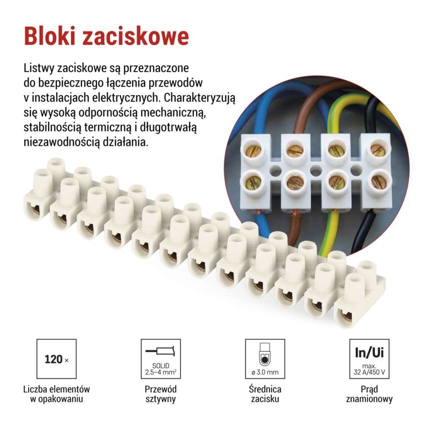 Listwa zaciskowa 2,5–4mm2, biała, 10 szt