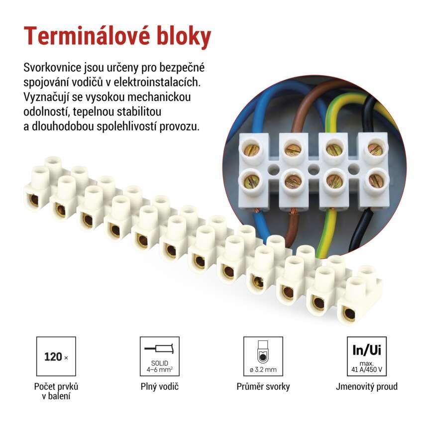 Šroubová svorkovnice 12× 4–6mm2, 450 V, bílá, 10 ks